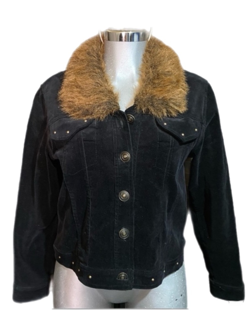 Y2K 90’s Vintage Black Corduroy Jacket Faux Fur Collar Punk Studs Grunge Medium